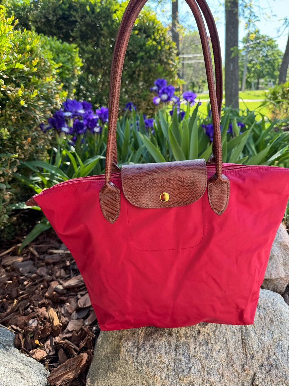Roberto Coin Nylon Tote Bag - Red with Brown Trim